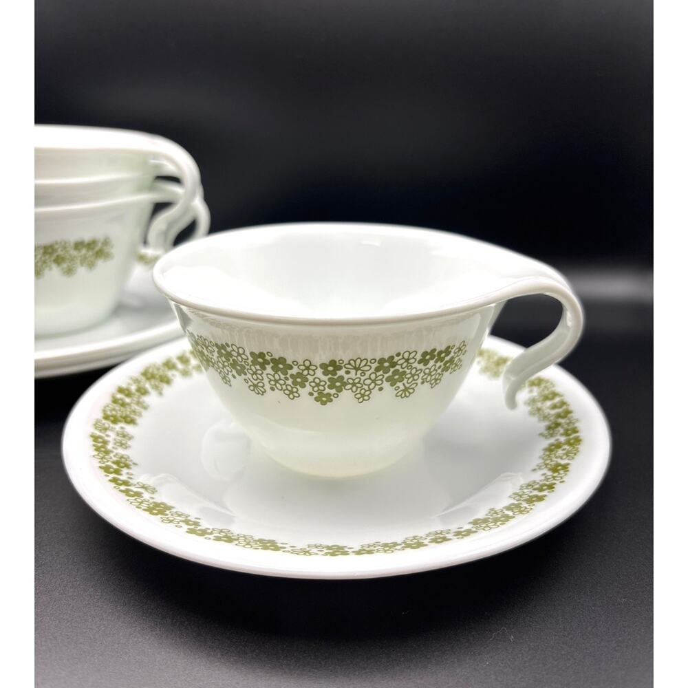 Vintage Corelle Green Spring Blossom/Crazy Daisy Coffee Teacup/Saucer Set of (4)